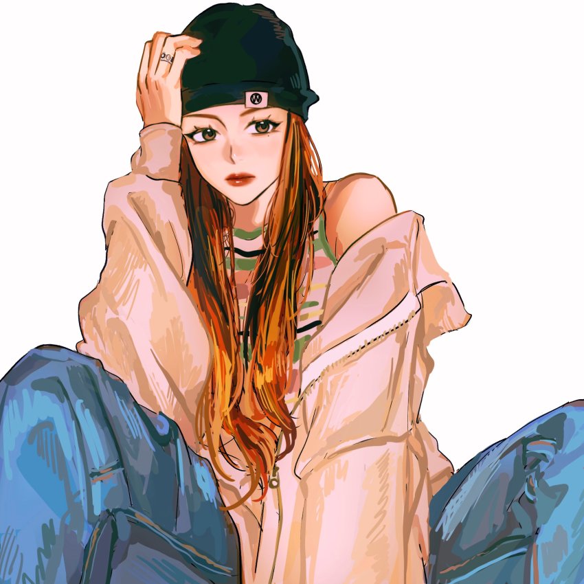 1girl, animification, beanie, black_hair, black_hat, brown_eyes, brown_sweater, denim