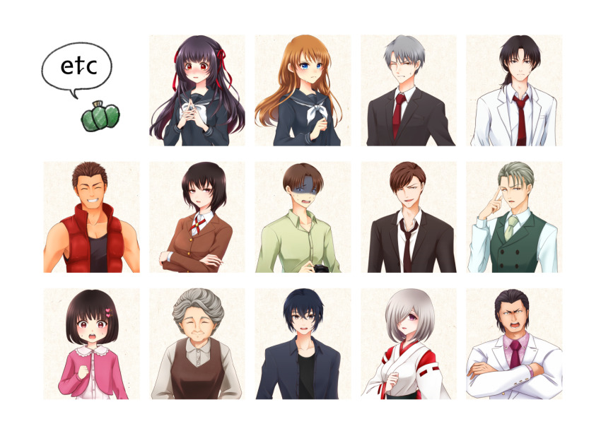 6+boys, 6+girls, black_hair, black_serafuku, blue_eyes, blue_hair, blunt_bangs, brown_hair