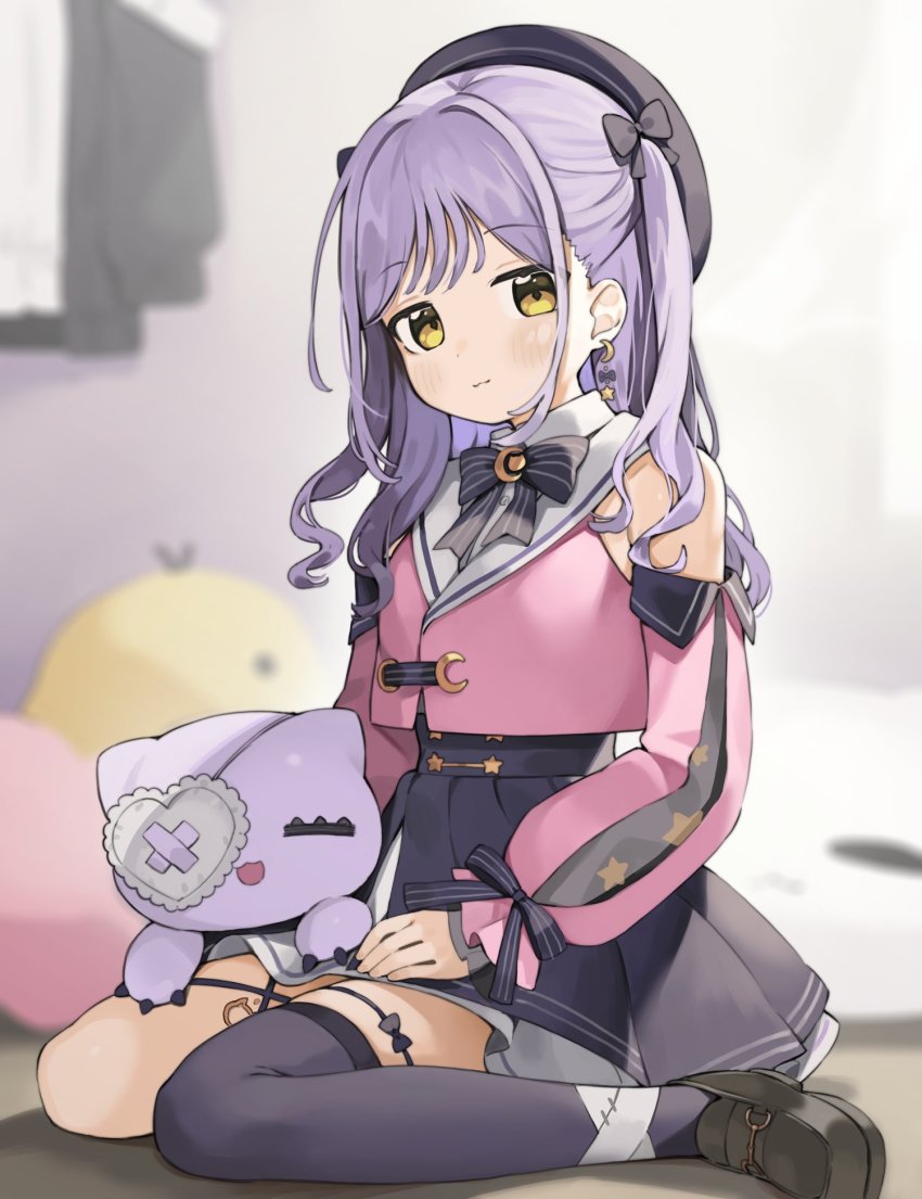 1girl, bandaged_leg, bandages, bare_shoulders, beret, black_bow, black_hat, black_shoes, black_skirt, black_thighhighs, blurry, blurry_background, blush, bow, brown_eyes, closed_mouth, collared_shirt, commentary_request, depth_of_field, detached_sleeves, eyepatch, hair_bow, hat, heart, heart_eyepatch, highres, jacket, light_smile, loafers, long_hair, long_sleeves, looking_at_viewer, multicolored_hair, pink_jacket, pink_sleeves, pleated_skirt, puffy_long_sleeves, puffy_sleeves, purple_hair, seramikku, shinomiya_runa, shinomiya_runa_(2nd_costume), shirt, shoes, single_thighhigh, sitting, skirt, sleeves_past_wrists, solo, striped_bow, stuffed_animal, stuffed_cat, stuffed_toy, thighhighs, two-tone_hair, virtual_youtuber, vspo!, wariza, white_shirt