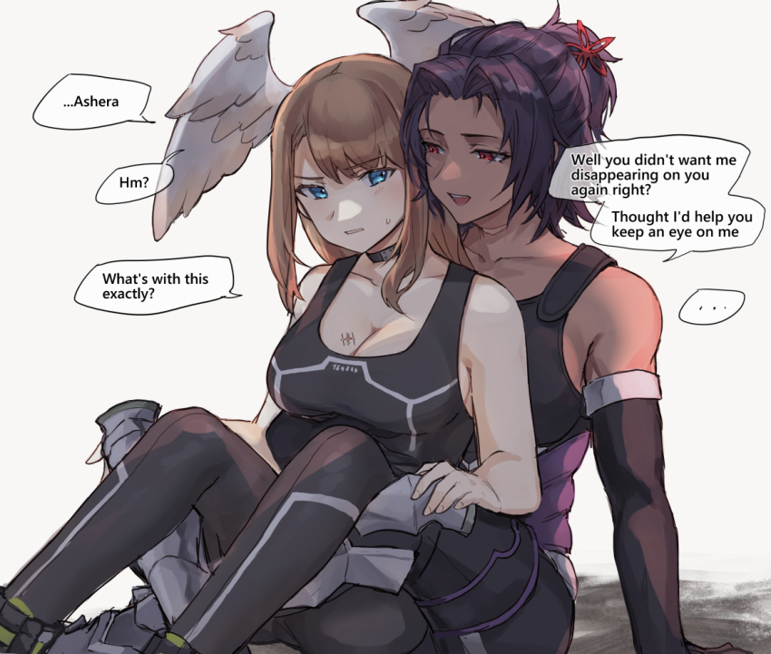 2girls, artist_request, ashera_(xenoblade), black_bodysuit, black_hair, blue_eyes, bodysuit, breast_tattoo