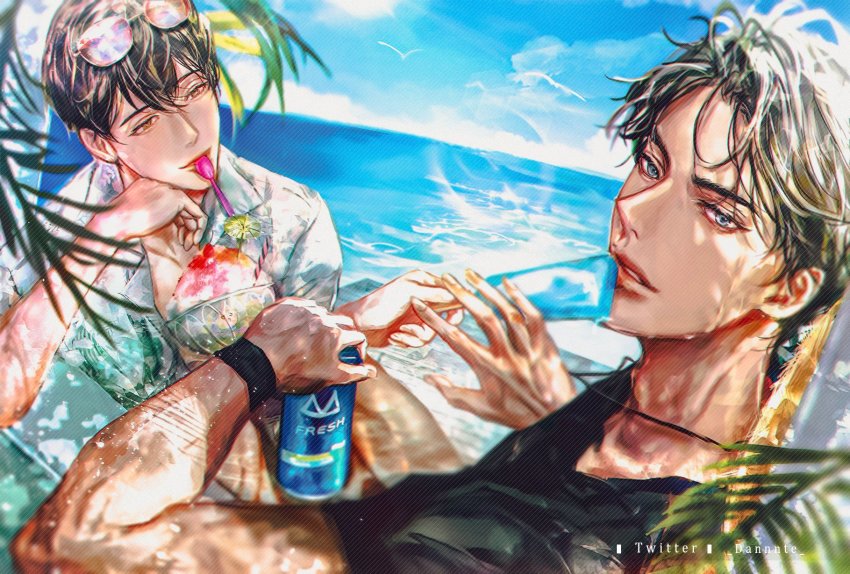 2boys, artist_name, beach, black_eyes, black_hair, black_shirt, brown_eyes, can