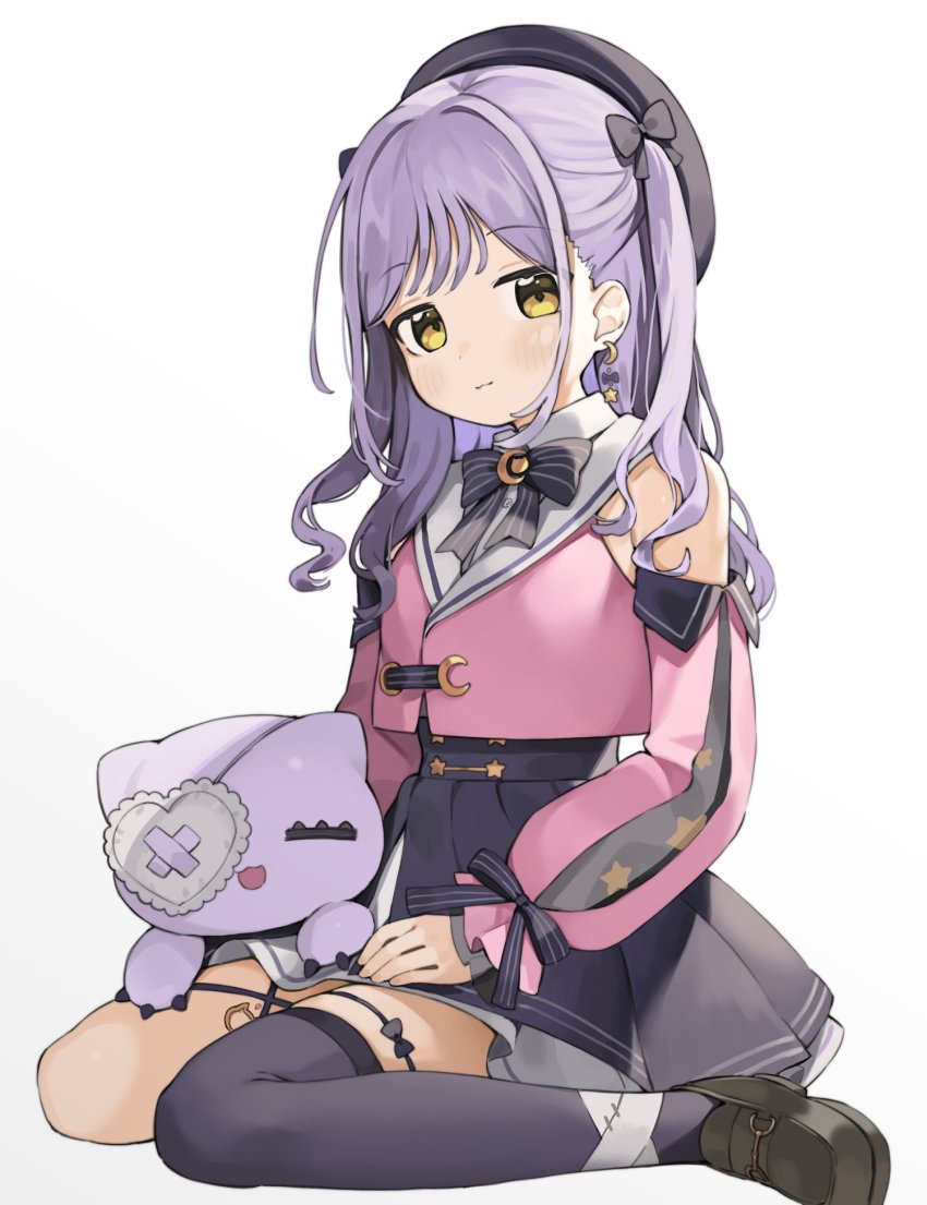 1girl, bandaged_leg, bandages, bare_shoulders, beret, black_bow, black_hat, black_shoes