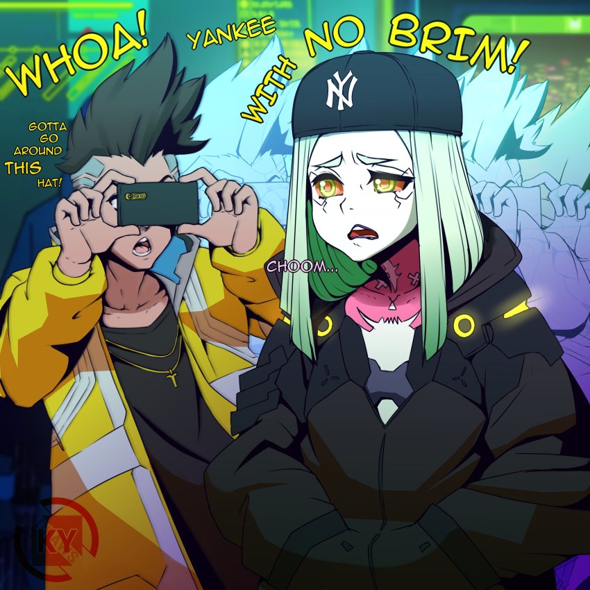 1boy, 1girl, absurdres, afterimage, black_hair, colored_skin, cross, cross_necklace, cyberpunk_(series), cyberpunk:_edgerunners, dark-skinned_male, dark_skin, david_martinez, english_text, green_hair, hands_in_pockets, hat, highres, hood, hoodie, jewelry, kale_yville, long_hair, meme, multicolored_eyes, necklace, open_mouth, phone, rebecca_(cyberpunk), short_hair, spiked_hair, taking_picture, yankee_with_no_brim_(meme)
