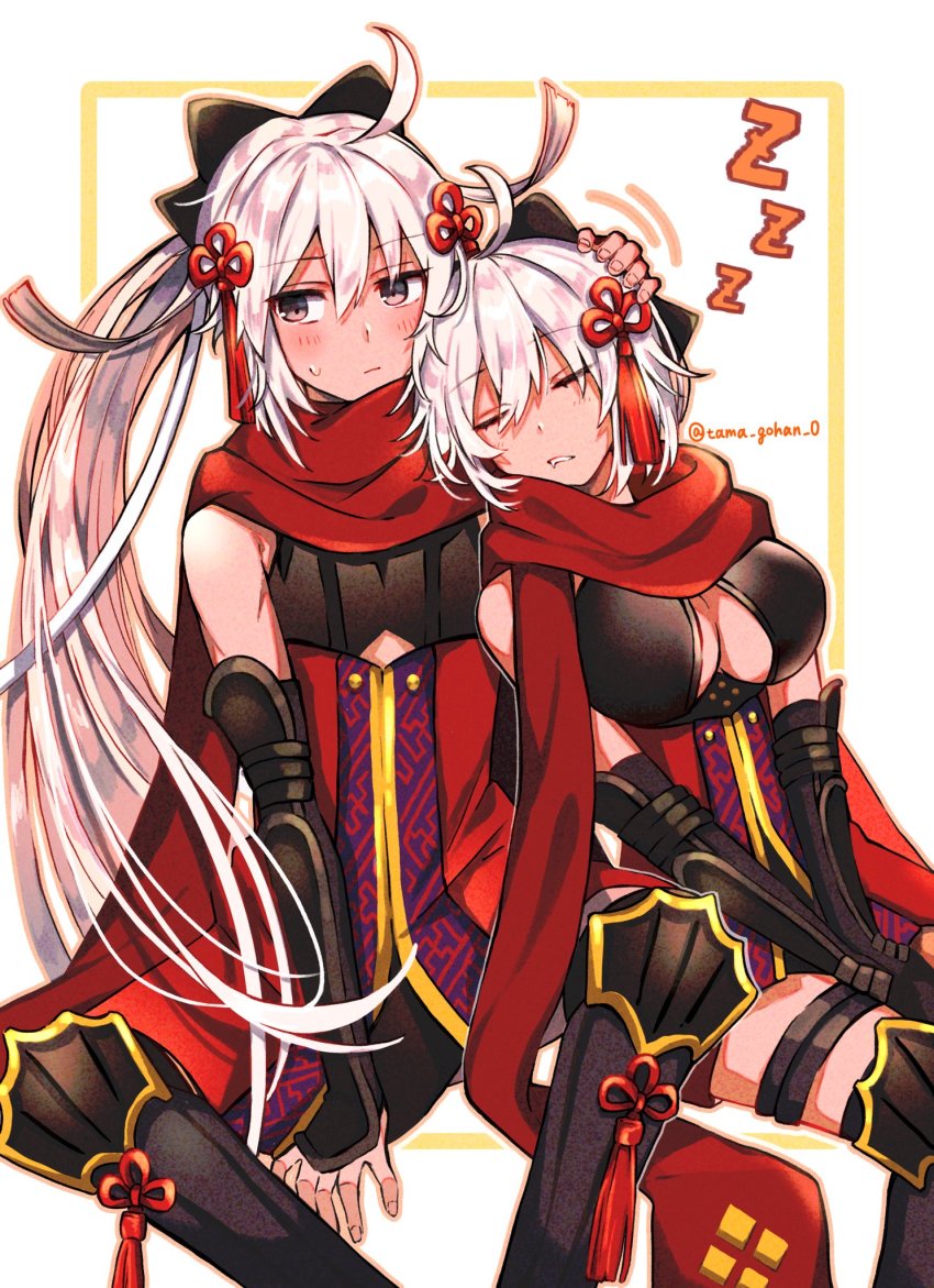 1girl, ahoge, ambiguous_gender, arm_guards, black_bow, bow, breasts, dark-skinned_female