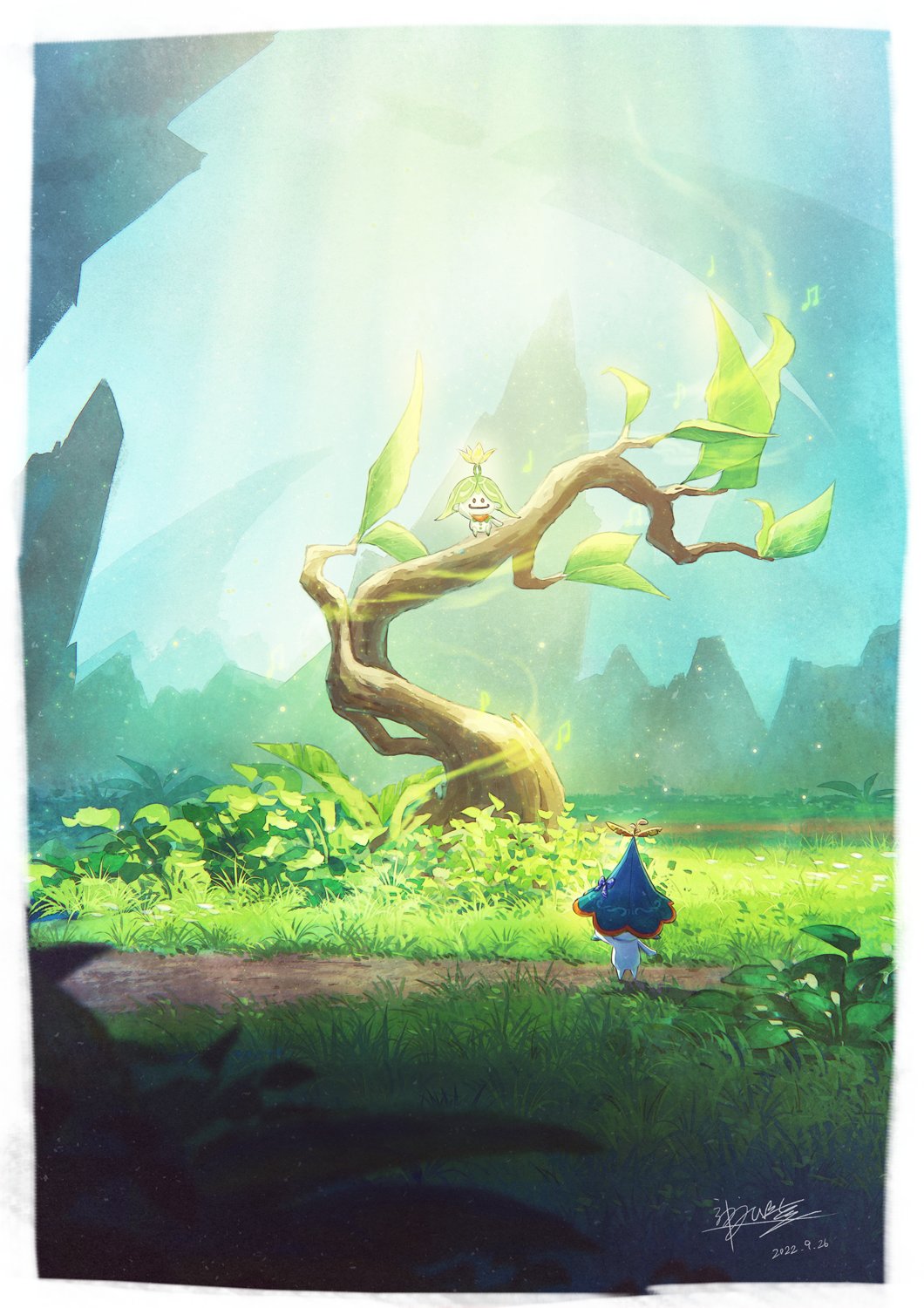 aranara_(genshin_impact), border, commentary_request, dated, day, genshin_impact, grass, highres