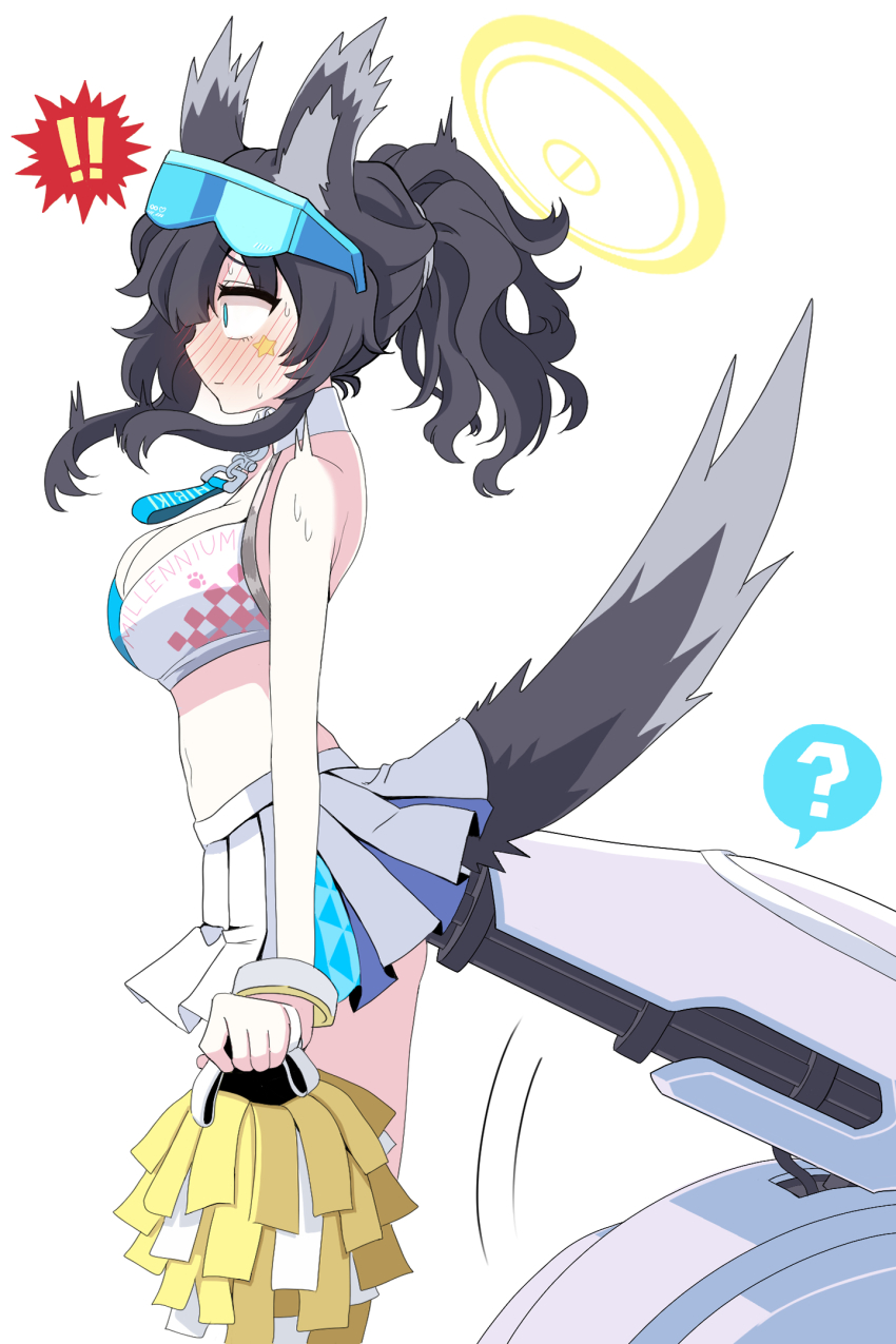 !, !!, 1girl, ?, ^^^, animal_ears, bare_arms, bare_shoulders, black_hair, blue_archive, blush, breasts, cheerleader, crop_top, dog_ears, dog_girl, dog_tail, eyewear_on_head, from_side, goggles, goggles_on_head, halo, hibiki_(blue_archive), hibiki_(cheer_squad)_(blue_archive), highres, holding, long_hair, medium_breasts, midriff, millennium_cheerleader_outfit_(blue_archive), nose_blush, pleated_skirt, pom_pom_(cheerleading), ponytail, riffle_hunter, shirt, simple_background, skirt, sleeveless, sleeveless_shirt, solo, speech_bubble, spoken_exclamation_mark, spoken_question_mark, surprised, sweat, sweatdrop, tail, tail_raised, visor_cap, white_background, white_skirt