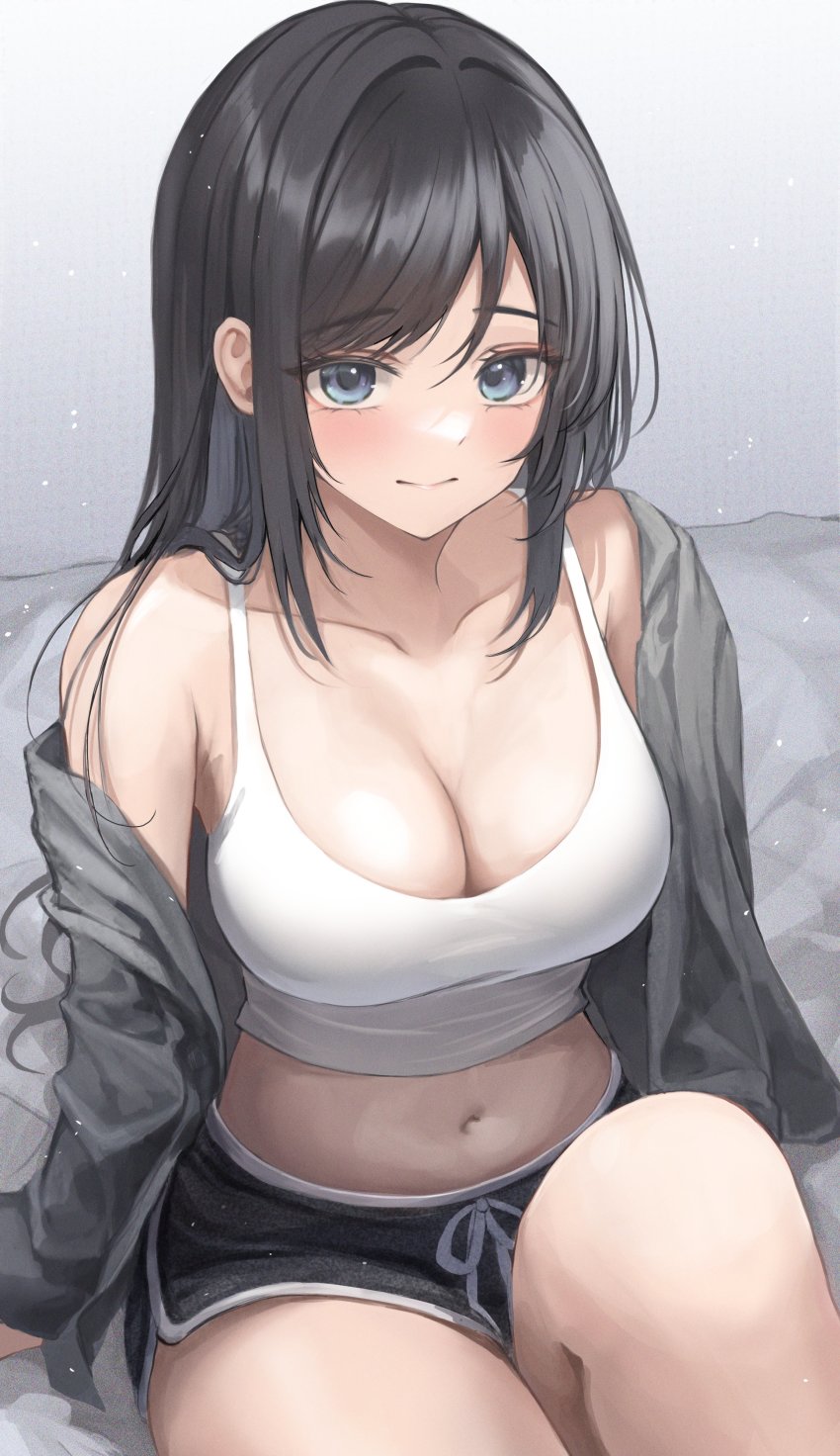 1girl, absurdres, bare_shoulders, black_hair, black_jacket, black_shorts, blue_eyes, breasts