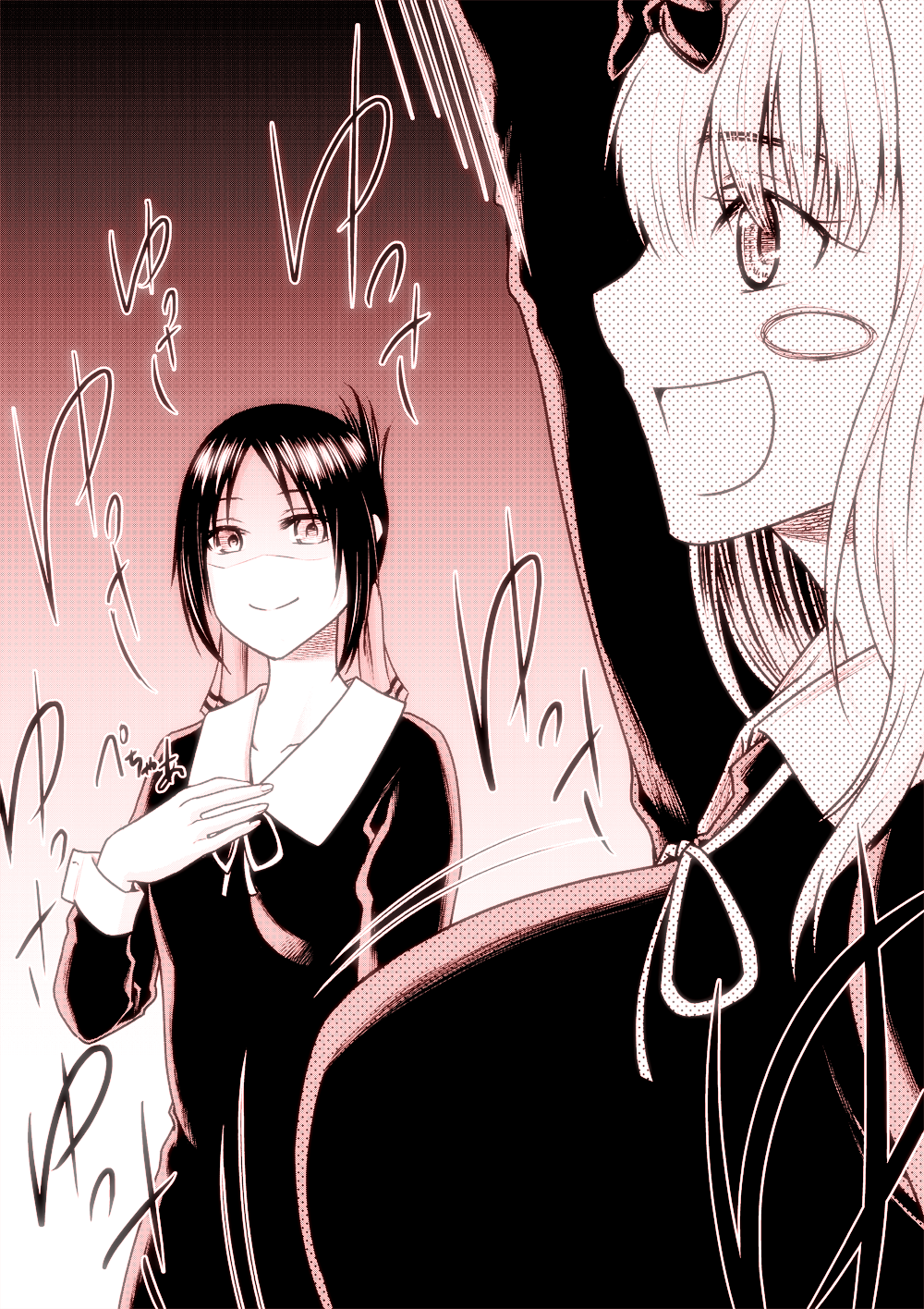 2girls, an'no_natsume, arm_up, blush_stickers, bow, breast_envy, breasts, dress