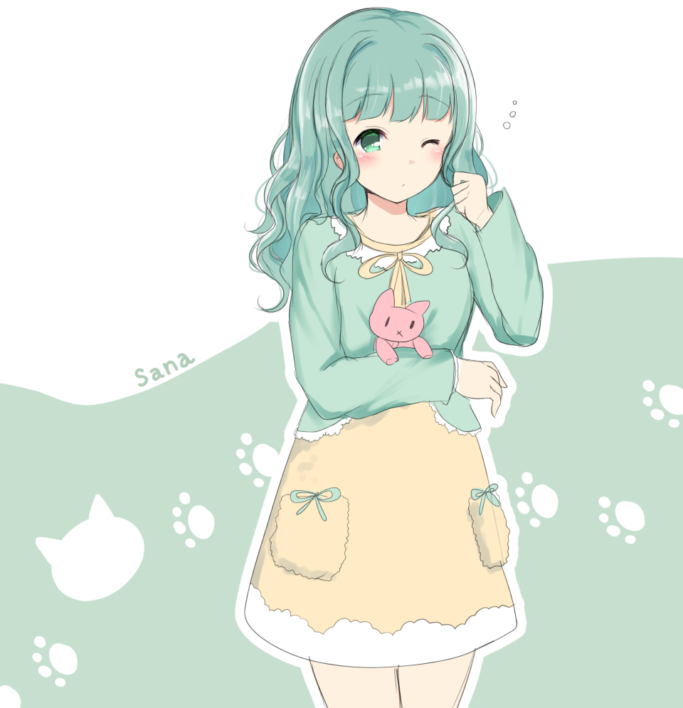 1girl, aqua_background, aqua_cardigan, aqua_eyes, aqua_hair, blunt_bangs, blush, cardigan