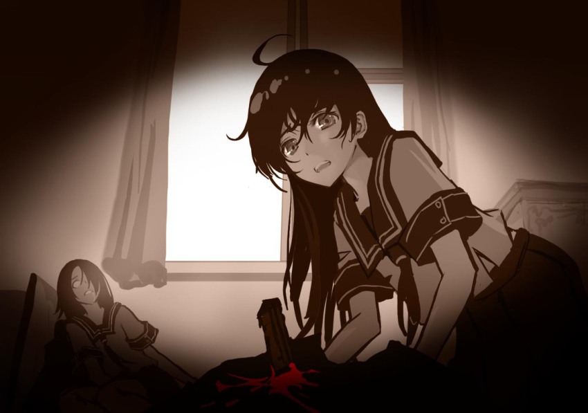 1boy, 2girls, ahoge, as109, bad_id, bad_pixiv_id, blank_eyes, blood