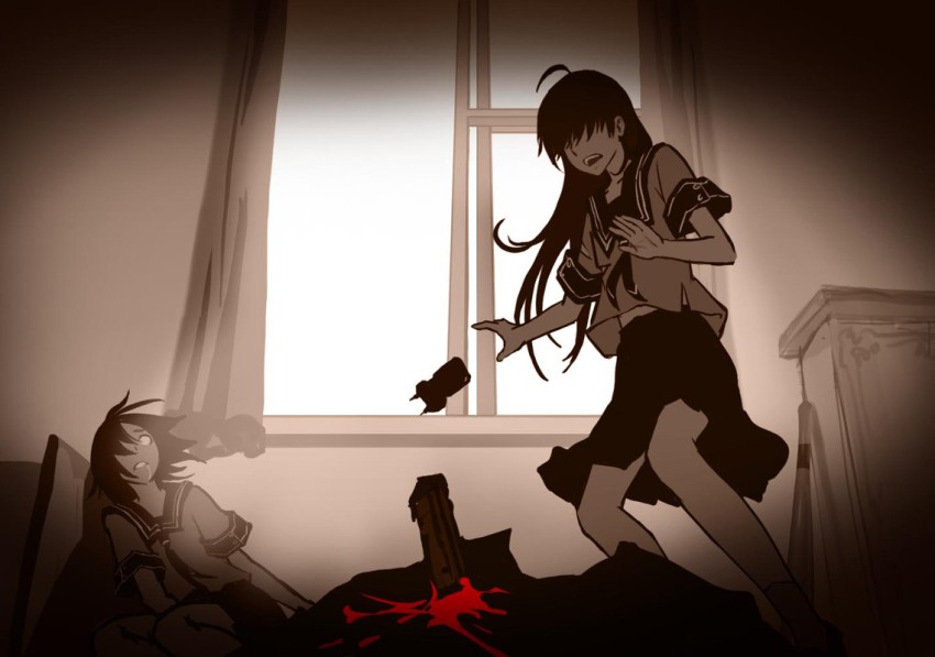 1boy, 2girls, ahoge, as109, bad_id, bad_pixiv_id, baseball_bat, blood