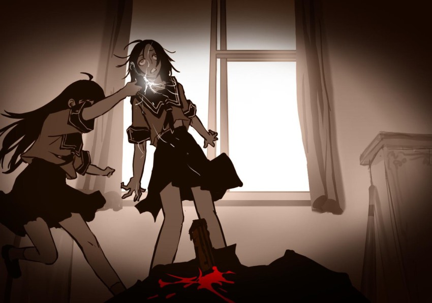 1boy, 2girls, ahoge, as109, bad_id, bad_pixiv_id, baseball_bat, blood