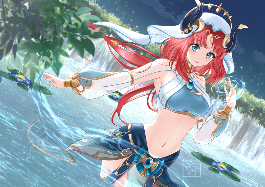 1girl, breasts, circlet, closed_mouth, detached_sleeves, fireflies, floating_hair, flower