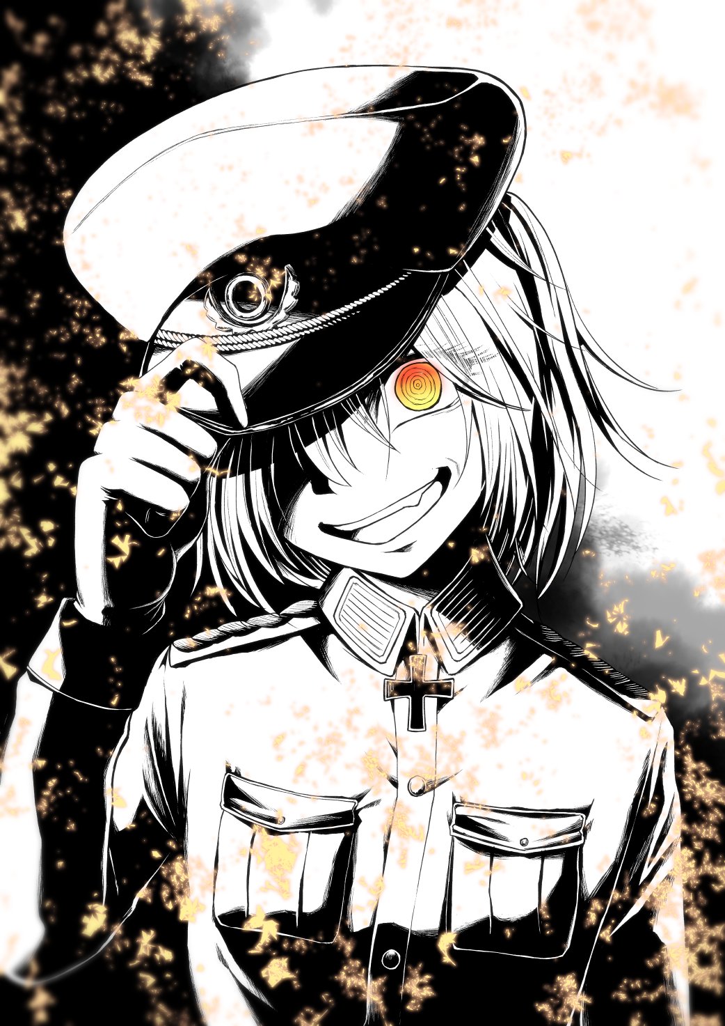 1girl, @_@, an'no_natsume, breast_pocket, eyes_visible_through_hair, fire, greyscale, hat