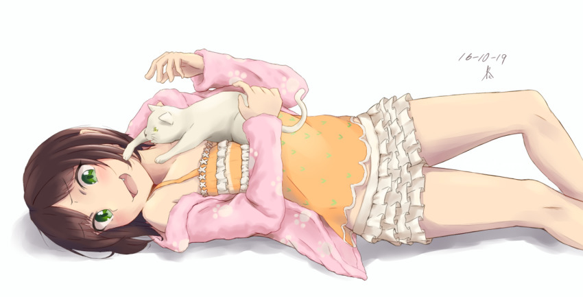 1girl, bare_legs, brown_hair, camisole, cat, dated, fang, frilled_skirt