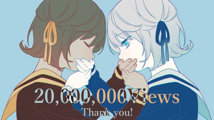 2girls, alternate_color, aqua_eyes, blue_eyes, covering_own_mouth, english_text, fingernails, grey_hair