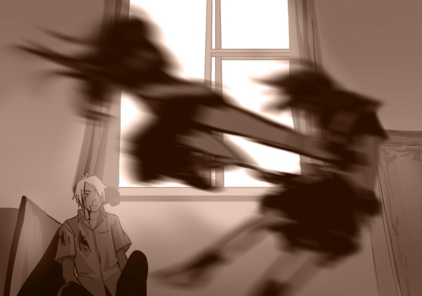 1boy, 2girls, as109, bad_id, bad_pixiv_id, blood, denpa_teki_na_kanojo, flying_kick