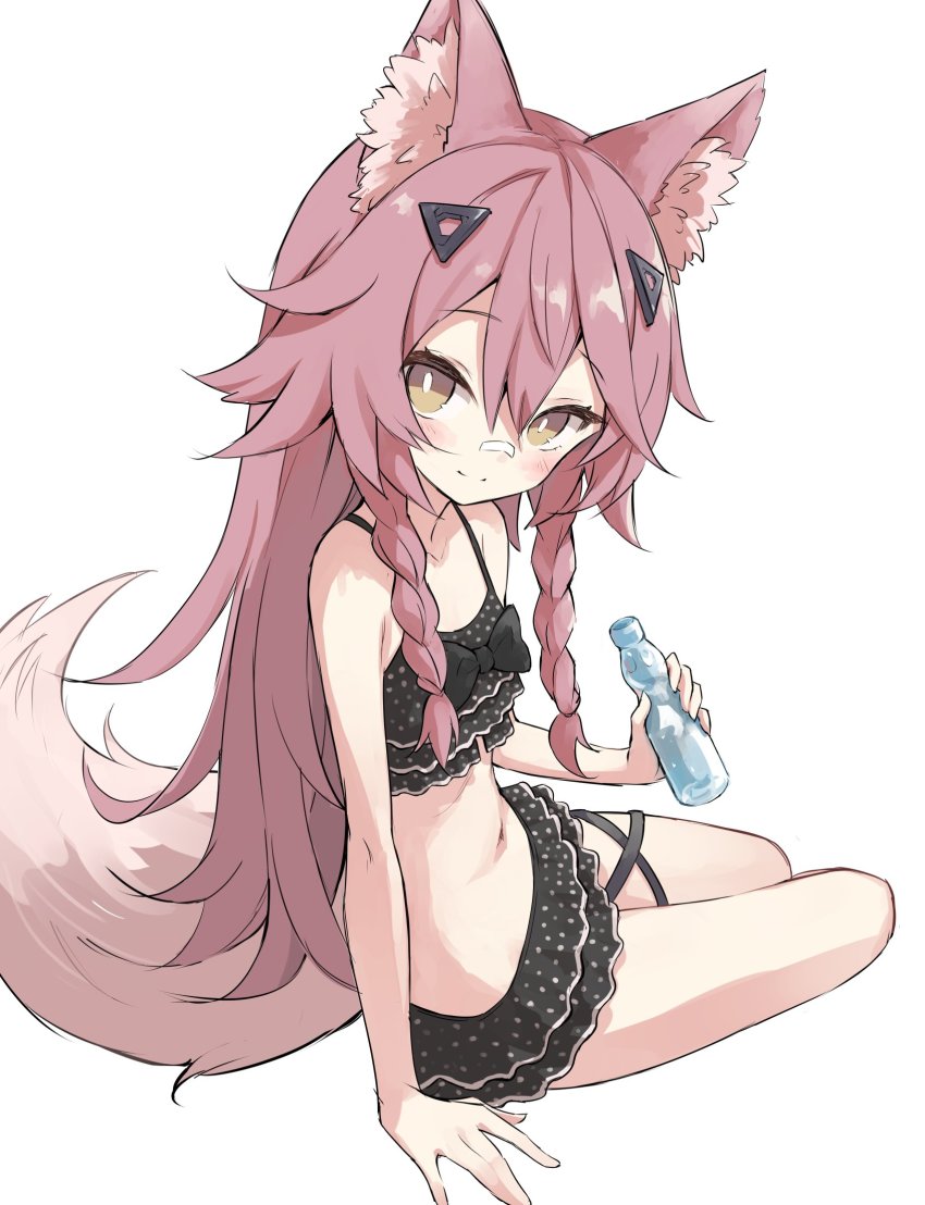 1girl, animal_ears, bandaid, bandaid_on_face, bandaid_on_nose, bikini, bikini_skirt, black_bikini, bottle, braid, commission, flat_chest, fox_ears, fox_girl, fox_tail, full_body, highres, holding, holding_bottle, long_hair, looking_at_viewer, pink_hair, rakutarou_(rakutpi), simple_background, skeb_commission, smile, swimsuit, tail, twin_braids, vrchat, water_bottle, white_background