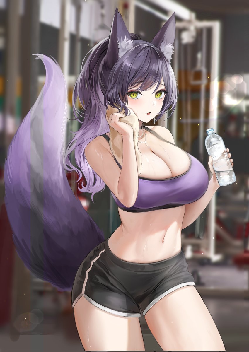 1girl, absurdres, animal_ear_fluff, animal_ears, black_shorts, blurry, blurry_background, bottle