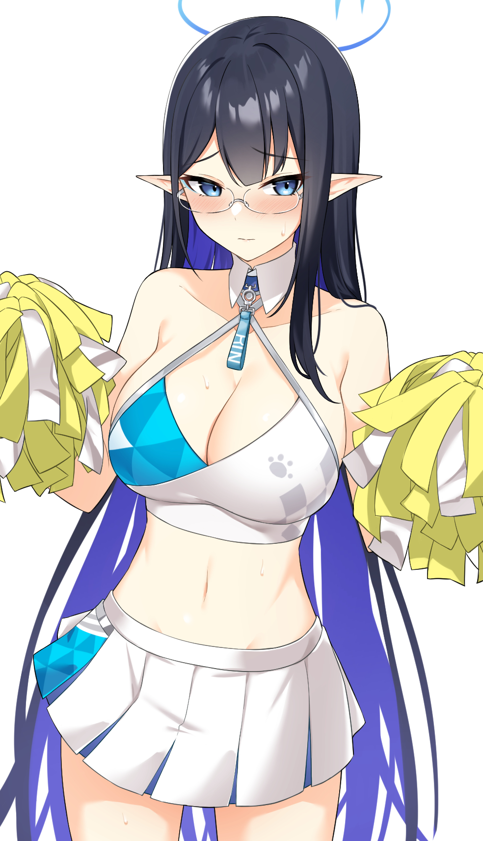 1girl, bare_arms, black_hair, blue_archive, blue_eyeliner, blue_eyes, blue_hair, breasts