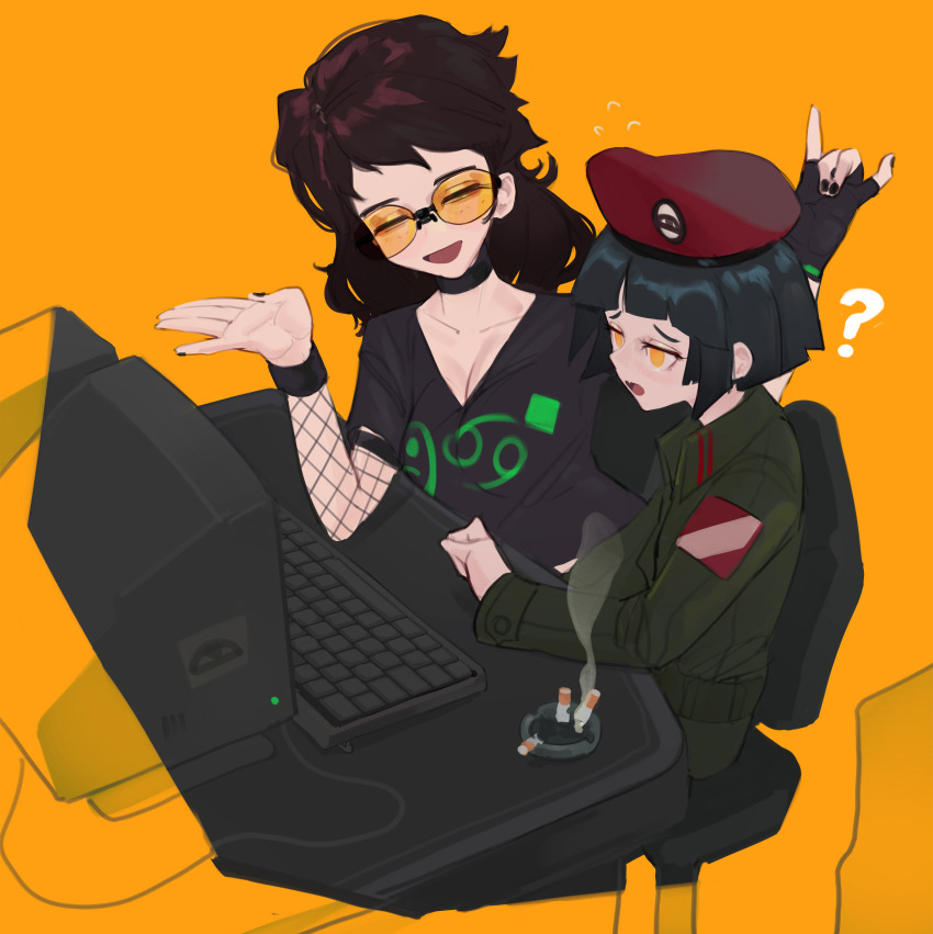 2girls, :d, ?, absurdres, ashtray, black_gloves, black_nails, black_shirt