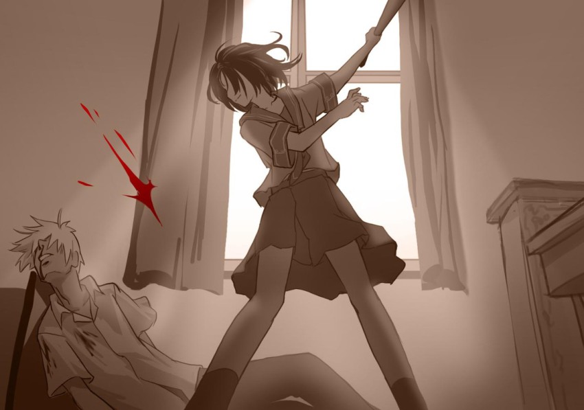 1boy, 1girl, as109, bad_id, bad_pixiv_id, baseball_bat, blood, crazy