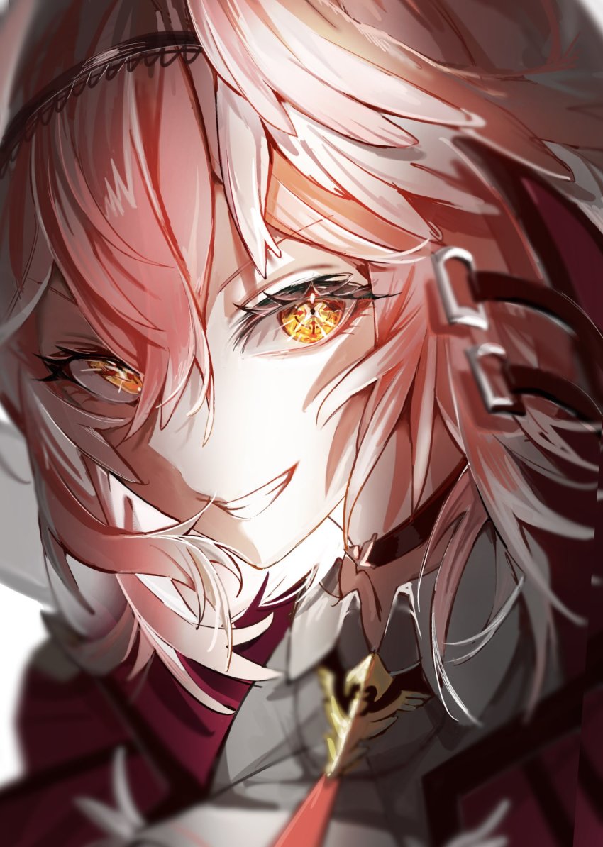 1girl, a0z0_aozo, choker, close-up, collared_shirt, grin, headband, highres