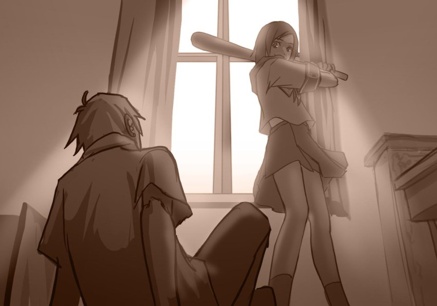 1boy, 1girl, as109, bad_id, bad_pixiv_id, baseball_bat, crazy, denpa_teki_na_kanojo