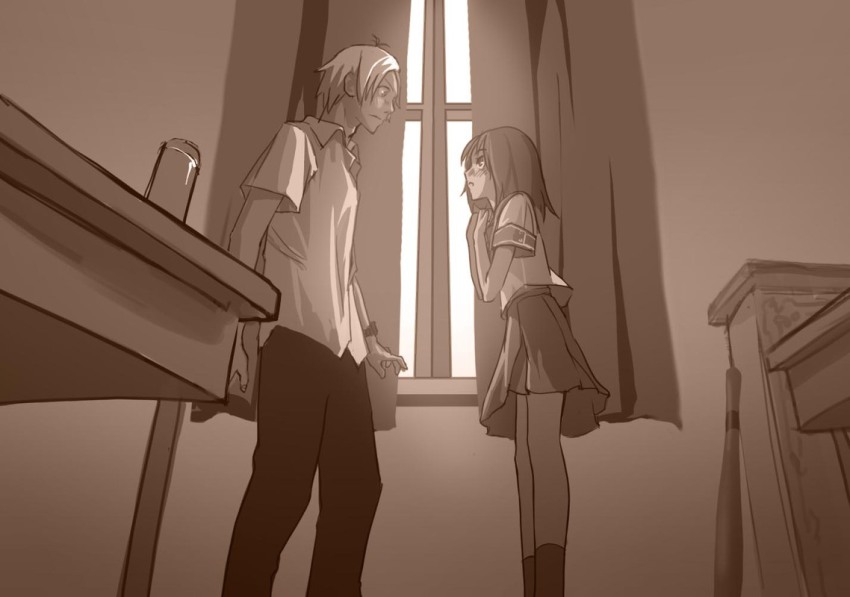 1boy, 1girl, as109, bad_id, bad_pixiv_id, baseball_bat, blush, collared_shirt