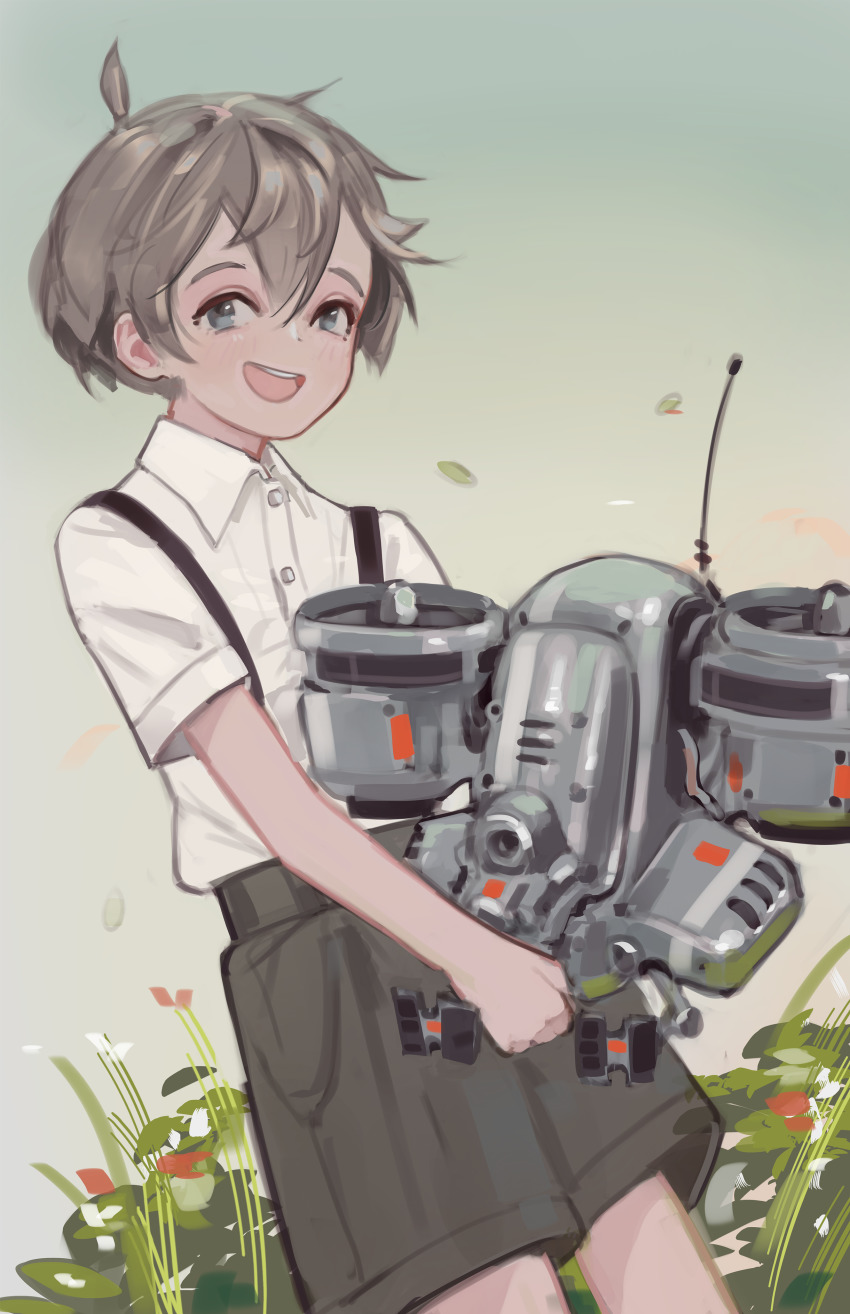 1boy, :d, absurdres, ahoge, brown_shorts, grass, grey_eyes, grey_hair
