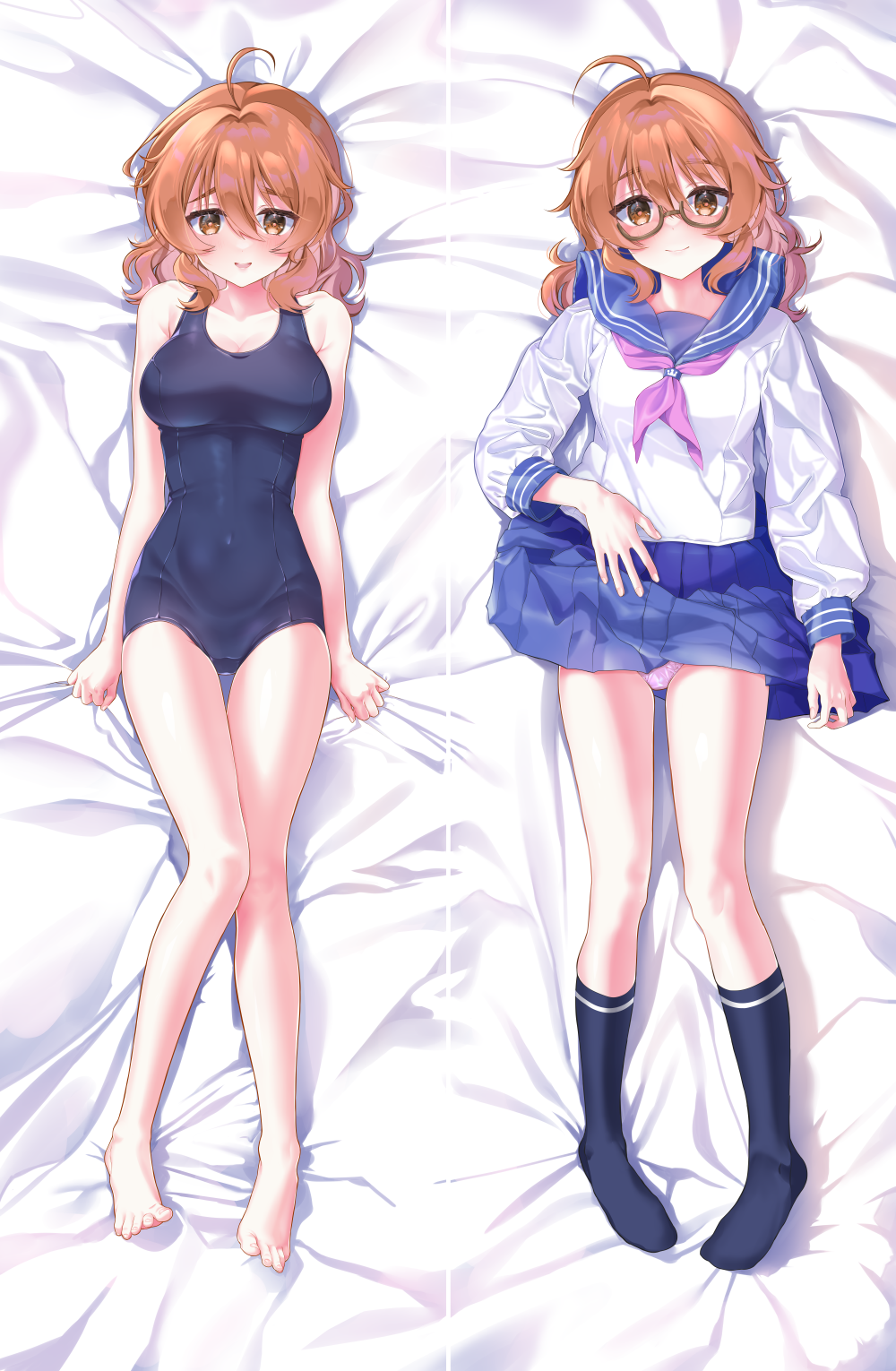 1girl, a01macaron, ahoge, araki_hina, barefoot, bed_sheet, black_socks, blue_skirt