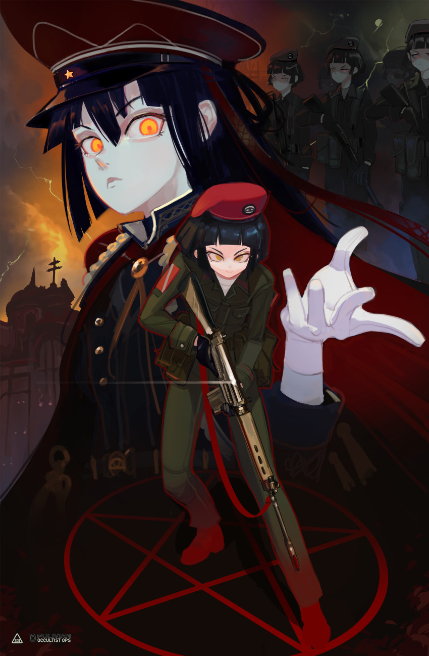 6+girls, absurdres, assault_rifle, battle_rifle, beret, black_gloves, black_hair, blue_hair