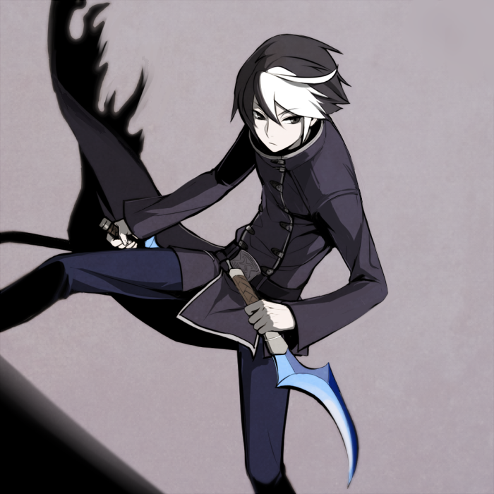 1boy, ahoge, black_eyes, black_hair, coat, dagger, dual_wielding, eliminator_(weapon), grey_eyes, holding, holding_dagger, holding_knife, holding_weapon, knife, male_focus, multicolored_hair, seth_(under_night_in-birth), short_hair, solo, tb_(spr1110), two-tone_hair, under_night_in-birth, weapon, white_hair