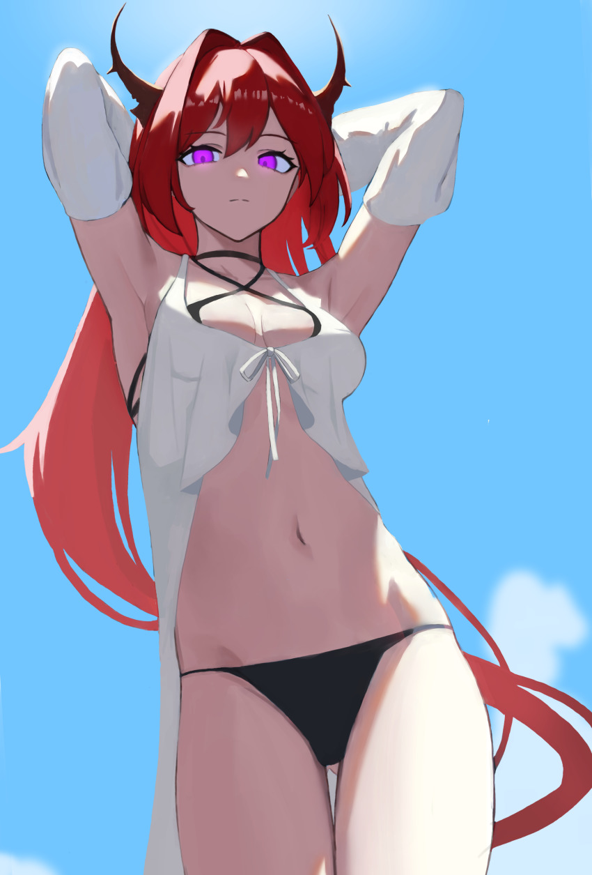 1girl, absurdres, arknights, armpits, arms_behind_head, arms_up, bikini, black_bikini, blue_sky, cloud, criss-cross_halter, day, demon_girl, demon_horns, hair_intakes, halterneck, highres, horns, long_hair, natoriusu_sansei, navel, official_alternate_costume, outdoors, purple_eyes, red_hair, sky, solo, standing, stomach, surtr_(arknights), surtr_(colorful_wonderland)_(arknights), swimsuit, swimsuit_cover-up