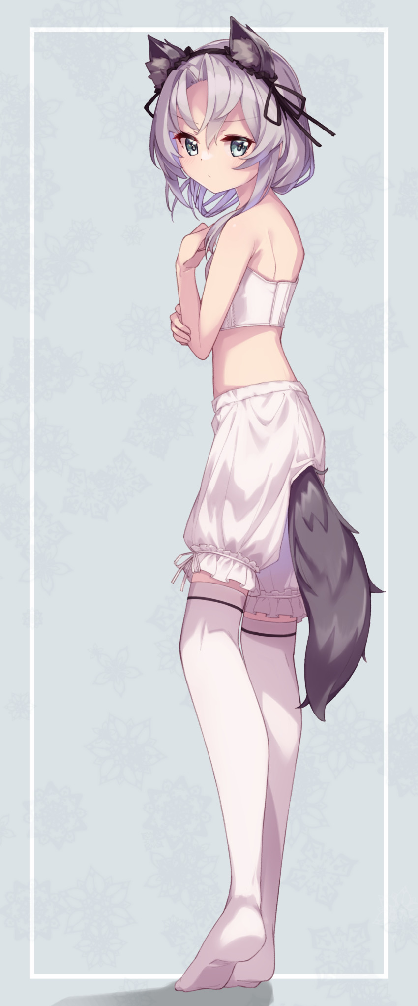 1girl, absurdres, animal_ears, bloomers, bra, closed_mouth, fake_animal_ears, full_body
