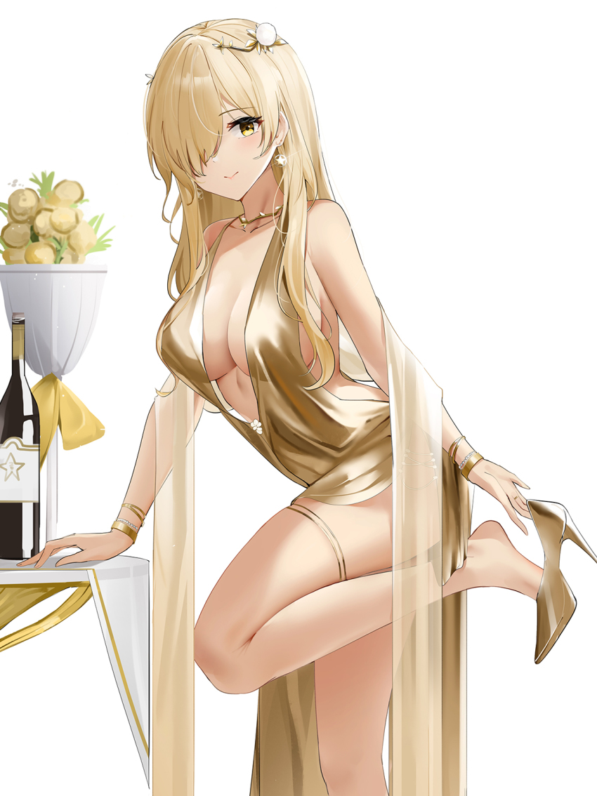 1girl, arm_support, azur_lane, backless_outfit, bare_shoulders, blonde_hair, bottle, bracelet, breasts, center_opening, closed_mouth, dress, earrings, evening_gown, glint, gold_dress, gold_footwear, hair_over_one_eye, high_heels, highres, jewelry, large_breasts, leg_up, looking_at_viewer, necklace, nevada_(a_magnificent_banquet)_(azur_lane), nevada_(azur_lane), official_alternate_costume, one_eye_covered, pelvic_curtain, plant, potted_plant, qing_wu, removing_shoes, revealing_clothes, see-through_clothes, sideboob, simple_background, sleeveless, sleeveless_dress, solo, standing, standing_on_one_leg, star_(symbol), star_earrings, table, thigh_strap, thighs, white_background, wine_bottle, yellow_eyes