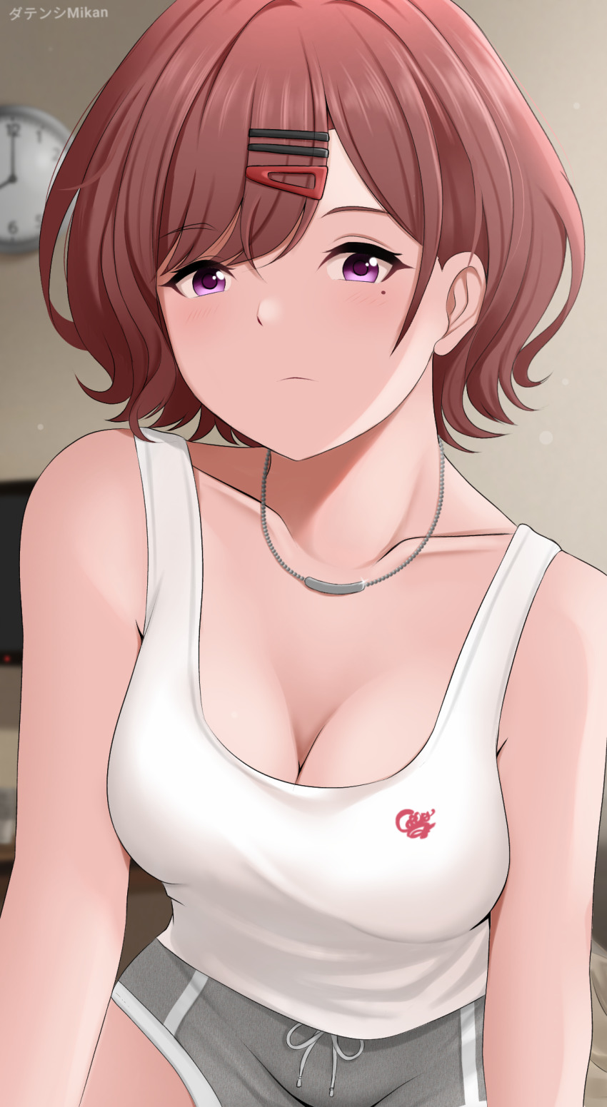 1girl, alternate_costume, artist_name, bare_shoulders, breasts, brown_hair, cleavage, clock, datenshi_p, hair_ornament, hairpin, highres, higuchi_madoka, idolmaster, idolmaster_shiny_colors, indoors, looking_at_viewer, medium_breasts, mole, mole_under_eye, purple_eyes, short_hair, solo