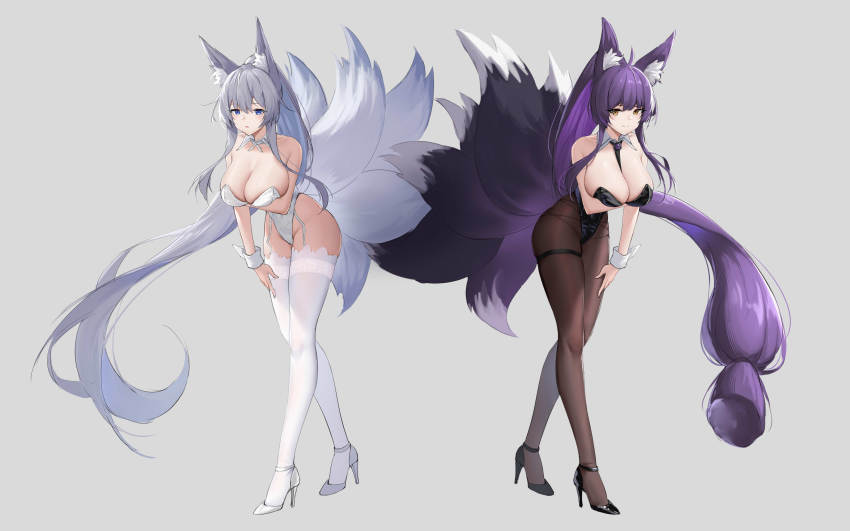 2girls, absurdres, alternate_costume, alternate_hairstyle, animal_ear_fluff, animal_ears, azur_lane, bare_shoulders, between_breasts, black_footwear, black_leotard, black_necktie, black_pantyhose, blue_eyes, breasts, chinese_commentary, cleavage, closed_mouth, collarbone, commentary_request, detached_collar, fox_ears, fox_girl, fox_tail, full_body, garter_straps, grey_hair, high_heels, high_ponytail, highres, kafeifeifeifeifeifei_jiemo_jun, kitsune, kyuubi, large_breasts, leaning_forward, leotard, long_hair, low-tied_long_hair, multiple_girls, multiple_tails, musashi_(azur_lane), necktie, necktie_between_breasts, pantyhose, parted_lips, playboy_bunny, ponytail, purple_hair, shinano_(azur_lane), smile, standing, tail, thighhighs, very_long_hair, white_footwear, white_leotard, white_thighhighs, wrist_cuffs, yellow_eyes
