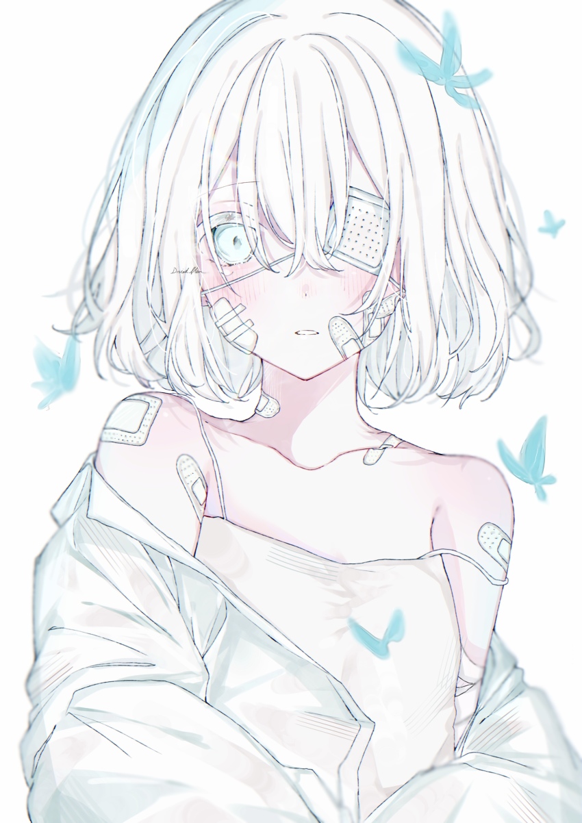 1girl, absurdres, bandaid, bandaid_on_face, bandaid_on_neck, blue_butterfly, blue_eyes, blush