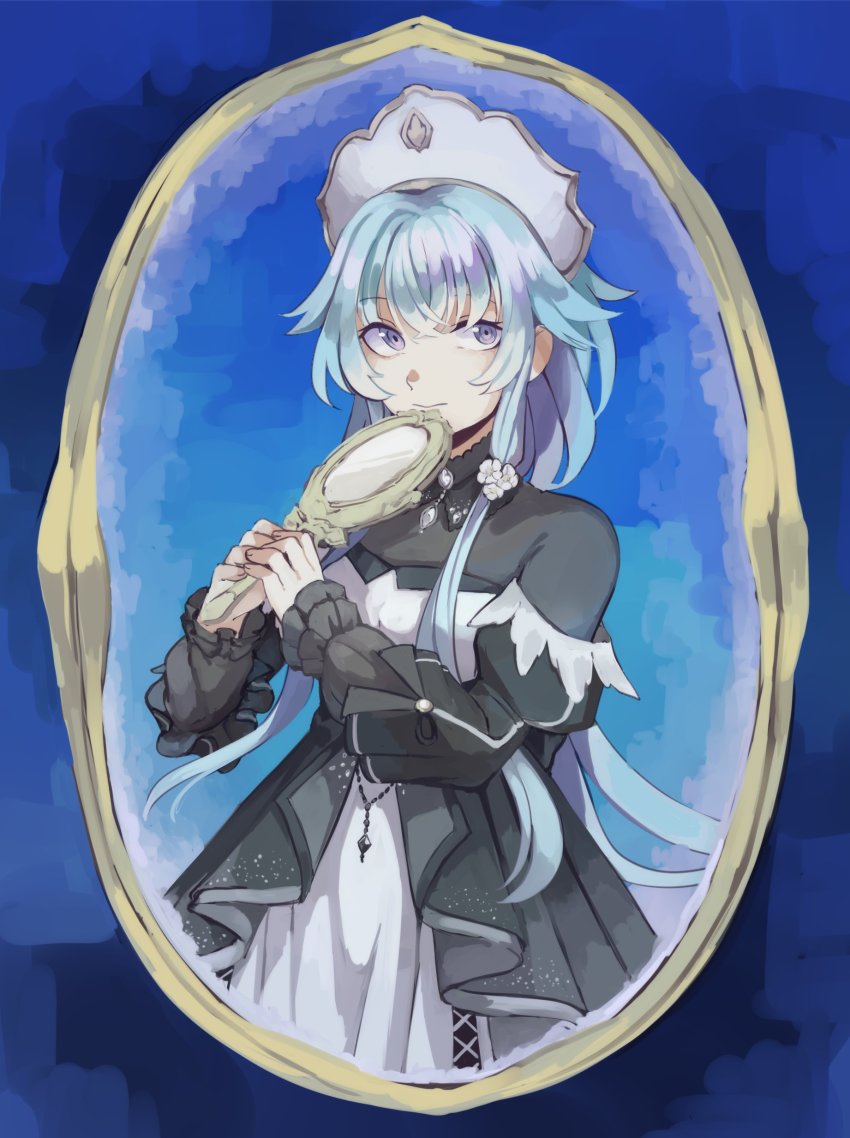 1girl, absurdres, black_dress, blue_eyes, blue_hair, dress, flower, flower_ornament