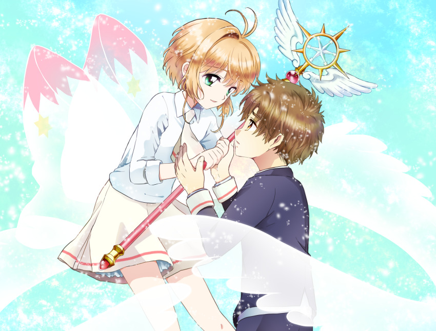 1boy, 1girl, antenna_hair, black_jacket, brown_hair, cardcaptor_sakura, cardcaptor_sakura_clear_card_arc, commentary