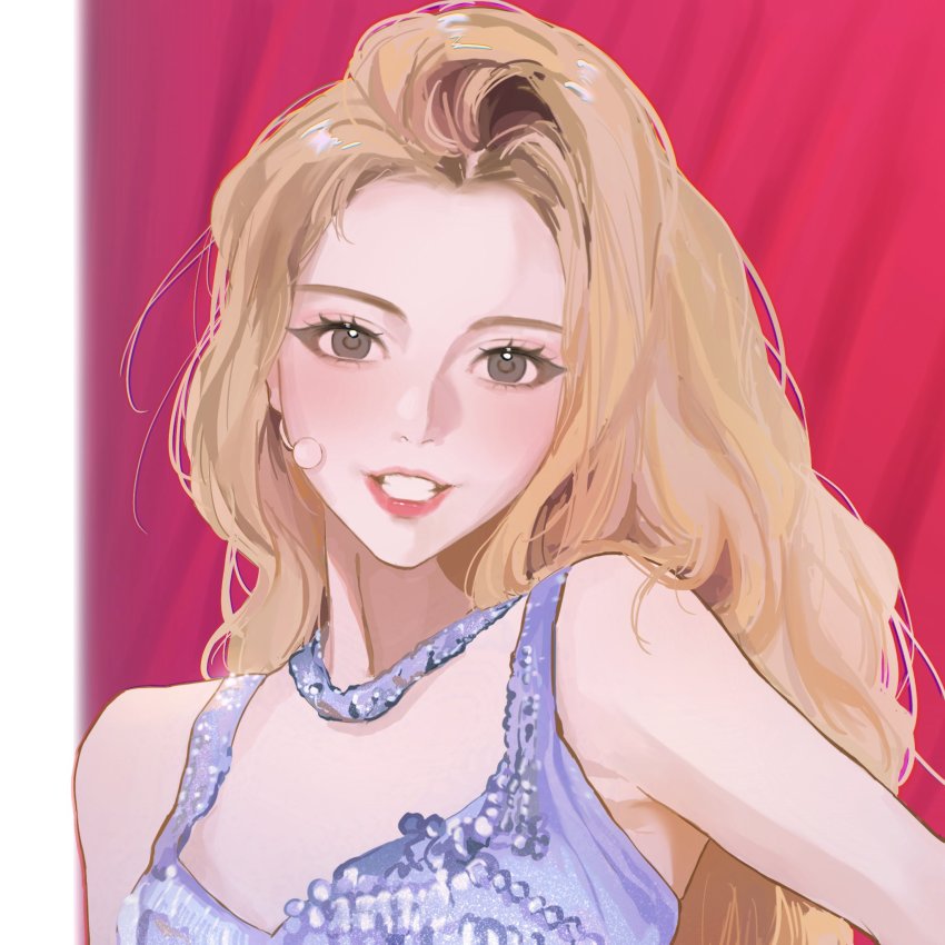 1girl, armpit_crease, black_eyes, blonde_hair, blue_dress, blush, curtains, dress, head_tilt, headset, highres, itzy, k-pop, long_hair, looking_at_viewer, parted_lips, portrait, real_life, siiideee, smile, solo, teeth, yuna_(itzy)
