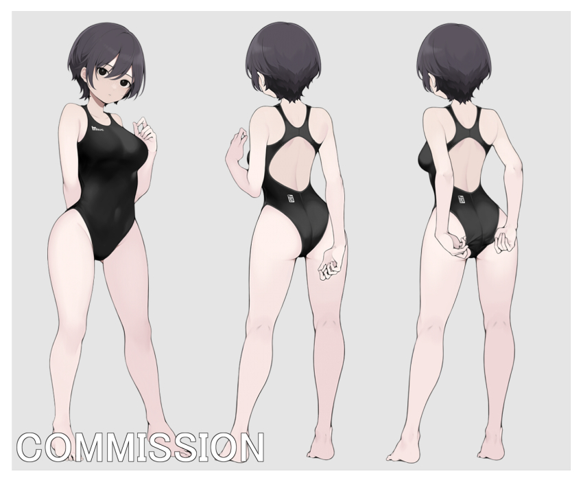 1girl, adjusting_clothes, adjusting_swimsuit, ass, barefoot, black_eyes, black_hair, black_one-piece_swimsuit