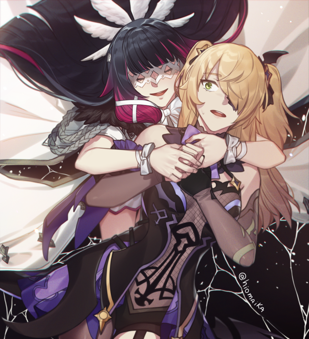 2girls, :d, black_dress, black_hair, black_ribbon, blonde_hair, blunt_bangs, closed_eyes