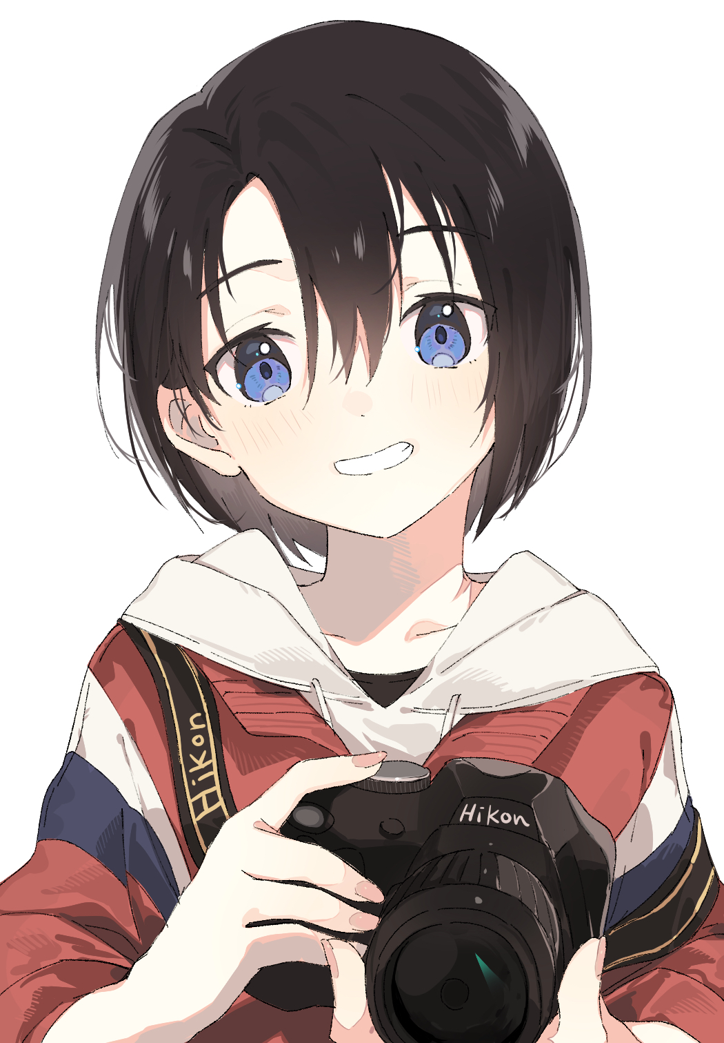 1girl, androgynous, bad_id, bad_pixiv_id, black_hair, blue_eyes, camera, camera_around_neck