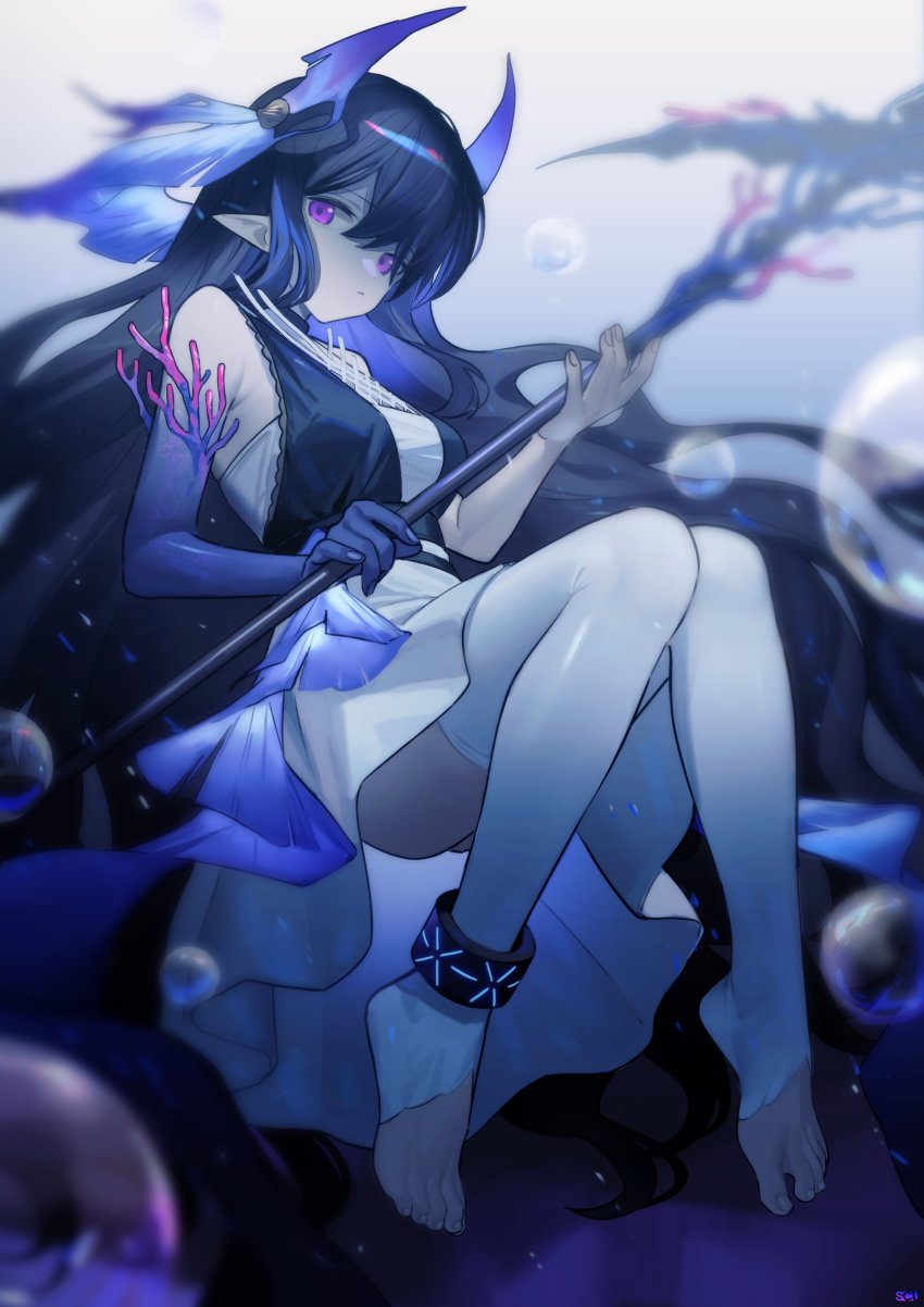 1girl, absurdres, anklet, arknights, barefoot, black_dress, black_hair, bubble