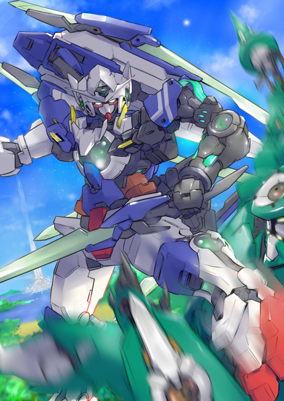 00_qan[t], blue_eyes, extra_eyes, fighting, glowing, glowing_eyes, green_eyes, gundam