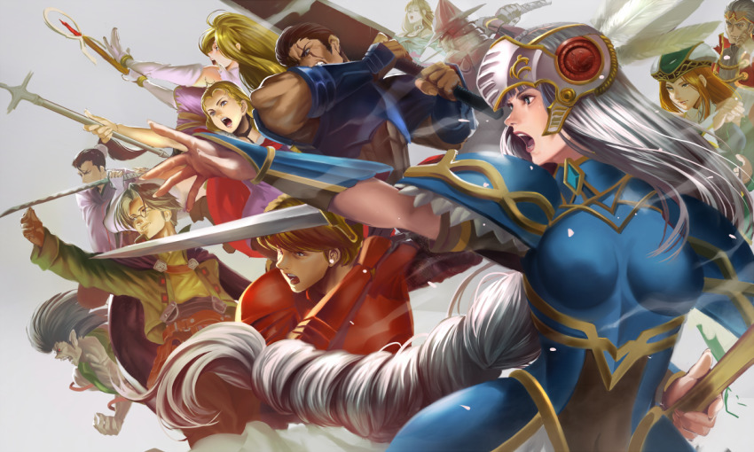 5girls, 6+boys, armor, armored_dress, arngrim, blonde_hair, blue_armor, brahms