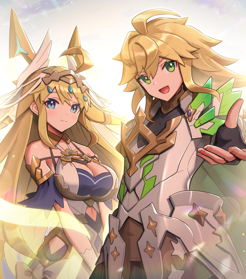 1boy, 1girl, absurdres, armor, bare_shoulders, blonde_hair, blue_eyes, breasts, brother_and_sister, cowlick, dragalia_lost, euden, euden_(bondforged), fingerless_gloves, gloves, gonzarez, green_eyes, highres, large_breasts, long_hair, looking_at_viewer, official_alternate_costume, outstretched_hand, reaching, reaching_towards_viewer, siblings, smile, twins, very_long_hair, zethia, zethia_(bondforged)