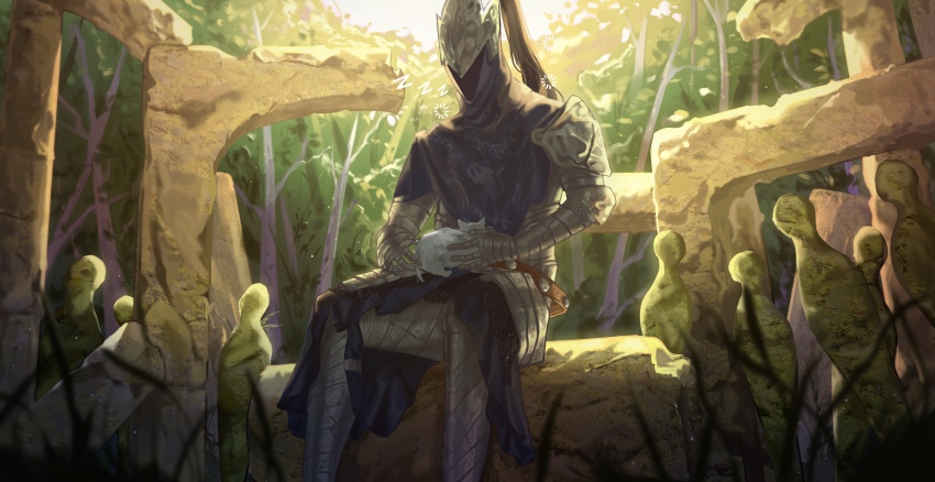 1boy, absurdres, animal, animal_on_lap, armor, artorias_the_abysswalker, cape, cat, cat_on_lap, dark_souls_(series), dark_souls_i, full_armor, helmet, highres, on_lap, oolacille, outdoors, sitting, statue, sunlight, yun_(huapeiyun)